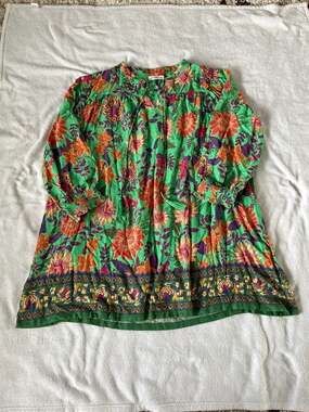 Natural Life Dara V-Neck Mini Dress Green Floral Boho Peasant Dress Size Large